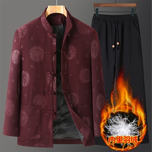 常年货风唐装中老年羽绒服套装男90绒盘口复古羽绒服外套套装图片
