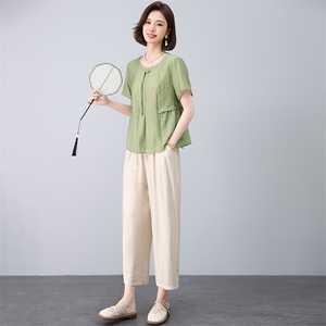 套装女2025年夏季新款时尚宽松中年妈妈大码棉麻九分裤两件套图片