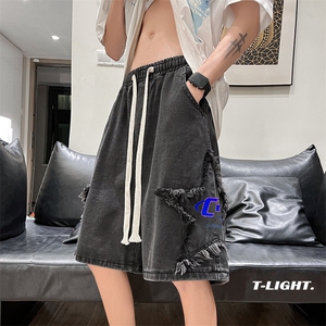 毛边五角星牛仔短裤设计感小众美式裤子高街ins五分裤男DN50-P40图片
