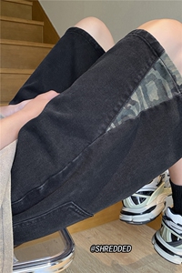 ins高街宽松直筒牛仔裤潮流迷彩拼接短裤B315-K23257-p45控58图片