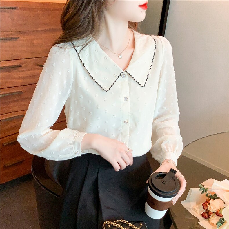 春季新款娃娃领甜美长袖衬衫气质雪纺衫上衣超仙小衫,女装衬衫,美吧服饰