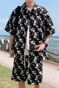 特批P50无差价夏季冰丝薄款垂感蝴蝶印花大码短袖衬衫短裤男TZ330图片