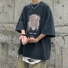 港风23新款夏季100棉印花水洗短袖宽松百搭T恤圆领T61015P45控58，男装T恤，电商A268A