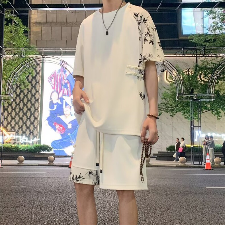 新中式风套装男夏季青少年学生冰丝薄款短袖t恤男士垂感五分裤，男装牛仔裤，星座1210-1