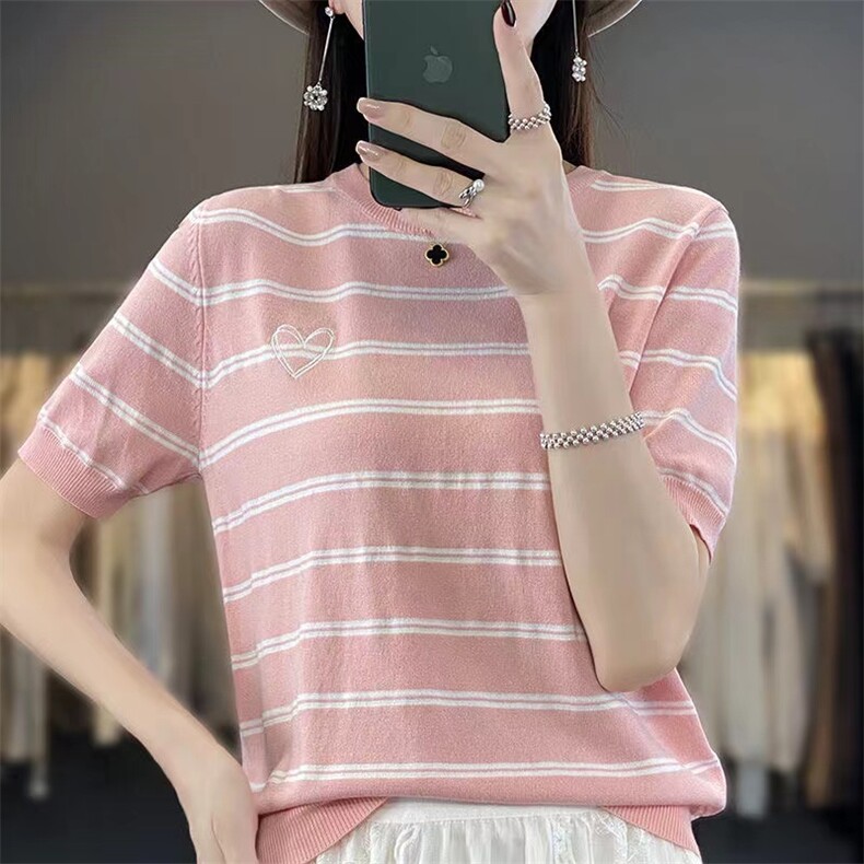 夏季条纹冰丝针织短袖上衣女圆领洋气减龄宽松显瘦T恤半袖上衣潮，女装针织衫/毛衣，萱芳婷羊绒