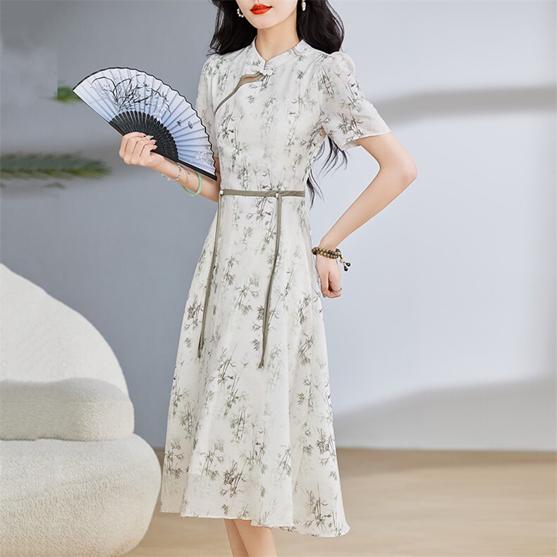 2024年夏季新款女装盘扣高腰旗袍领印花短袖中长款复古连衣裙,女装连衣裙,初闻兮
