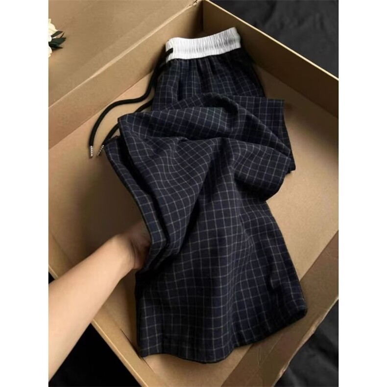 美式复古撞色格纹休闲裤小个子宽松垂感高腰直筒阔腿裤LK1088-P45,男装休闲裤,星座1008