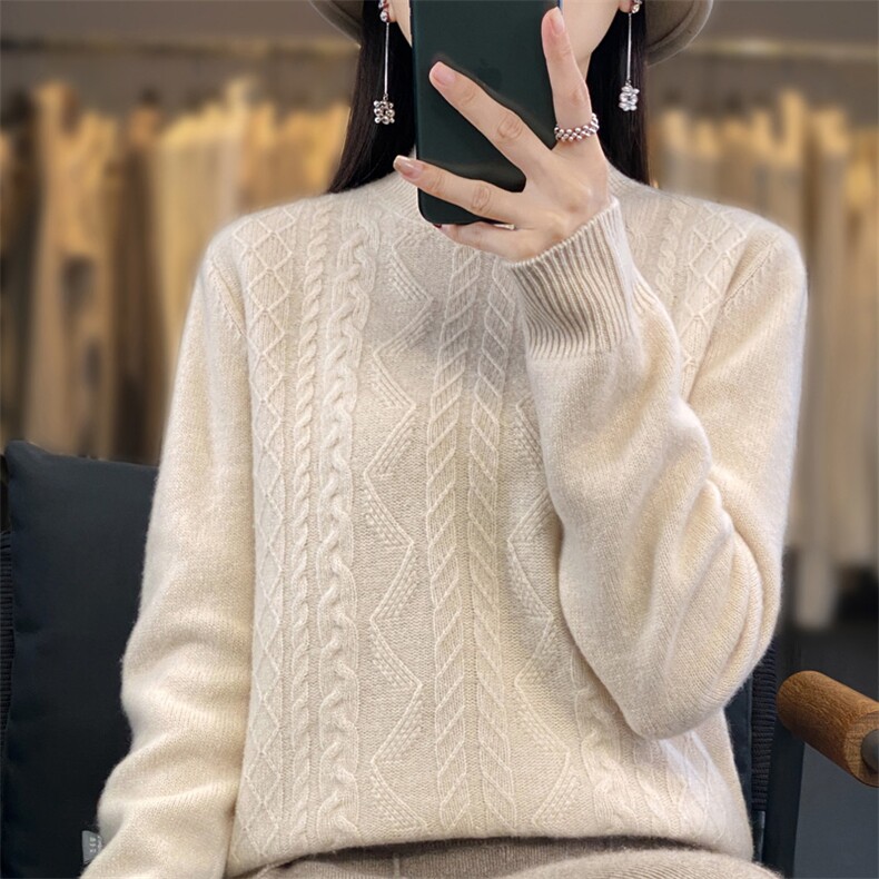 宽松型常规套头2025年夏季长袖高领羊毛衫时尚百搭纯色,女装羊毛衫,春贝羊绒