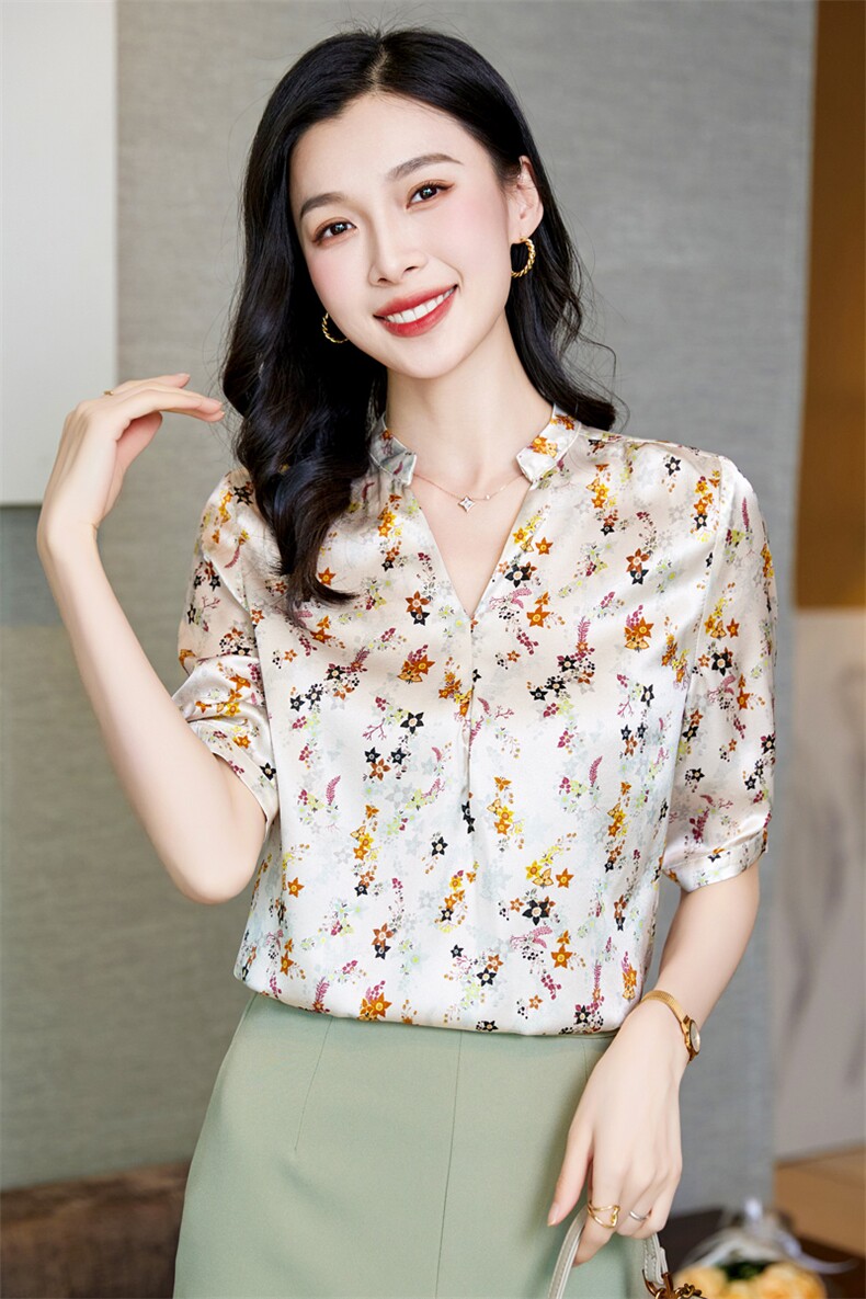真丝衬衫女装短袖重磅桑蚕丝上衣衬衣大码V领t恤中老年妈妈装夏装,女装衬衫,阿舍尔精品