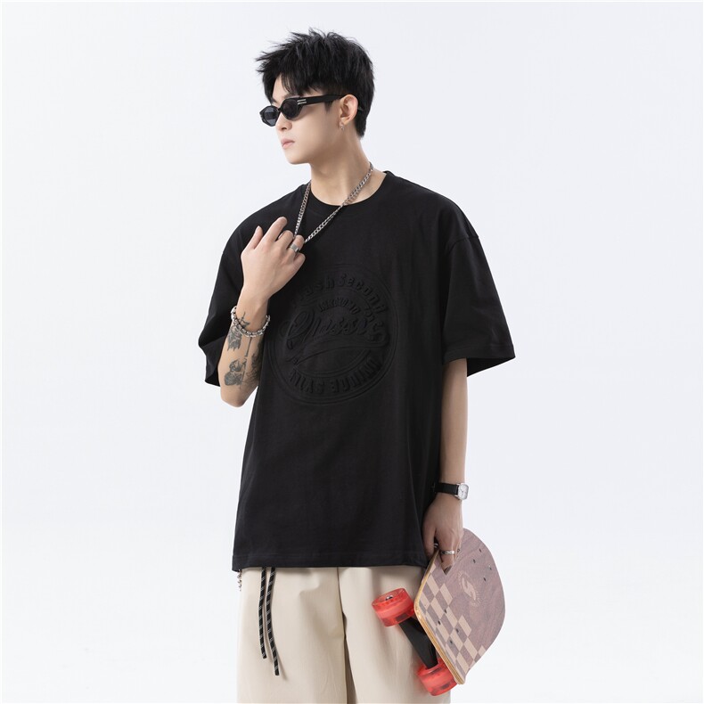 现货重磅纯棉钢印美式大版型宽松短袖T恤T130-P30-控58，男装T恤，电商D309