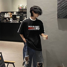 抖音得物高品质二开240克宽松纯棉美式潮牌三条杠织带短袖T恤，男装T恤，电商A486-1