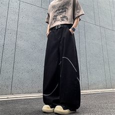 黑色弧线刺绣弯刀牛仔裤男街头宽松阔腿显瘦百搭长裤TR926P58，男装牛仔裤，星座1013-1