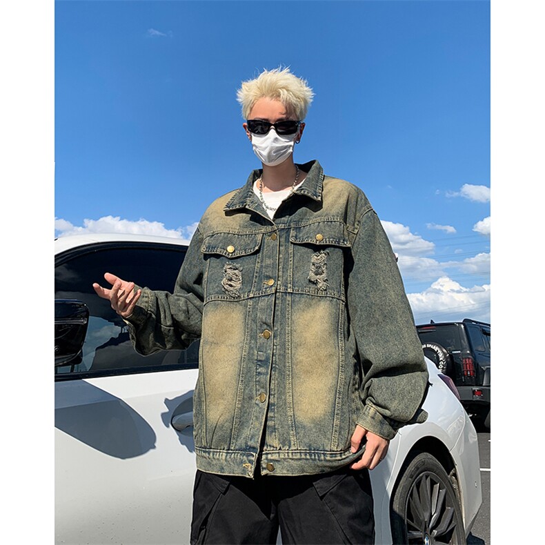水洗做旧牛仔外套男春秋2024新款款潮流破洞美式复古痞帅休闲夹克,男装夹克,星座410-6（原星座1304-1）