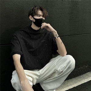 1港风满钻巴家罗口硅胶印字母logo设计短袖T恤男DT77835P33控58图片