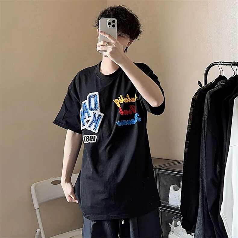 万针全刺绣工艺抖音得物高品质260克重磅纯棉双纱美式高街短袖T恤,男装T恤,电商A486