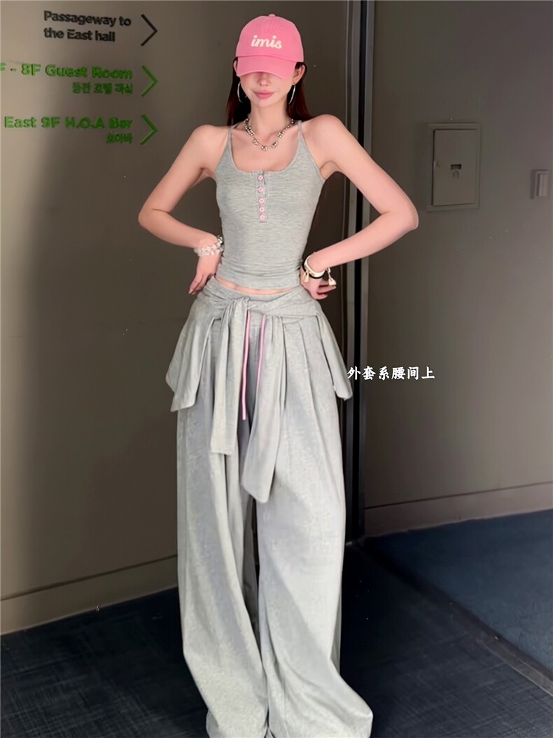 女春新款欧货时尚休闲套装修身显瘦开衫上衣内搭吊带阔腿裤三件套,女装套装/套裙,江南