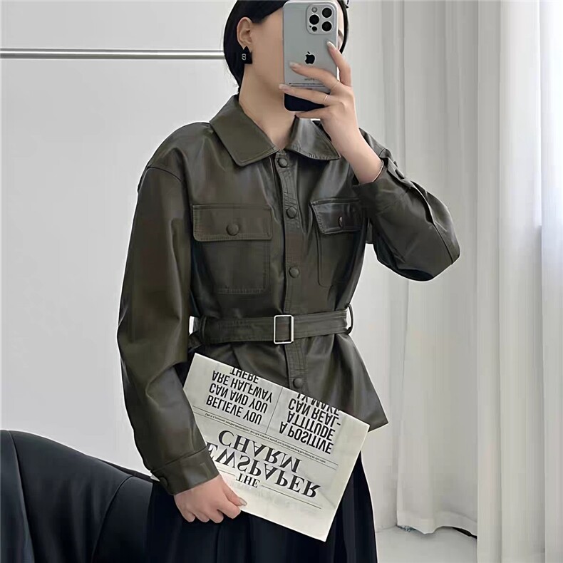 2025秋冬时尚百搭时尚简约翻领机车腰带皮外套,女装皮衣,湘姗