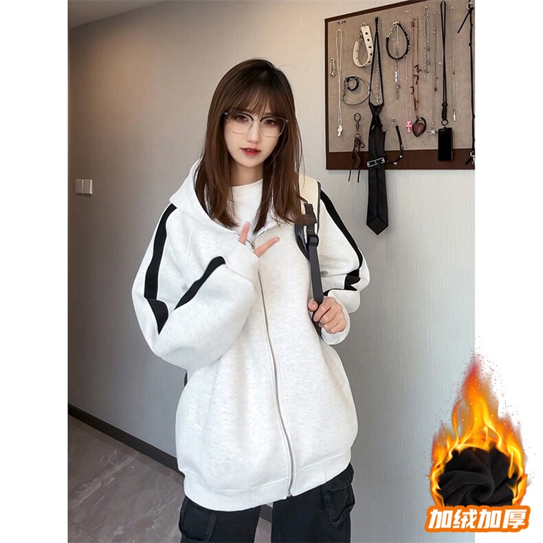 得物二开开衫拼接加绒卫衣男连帽潮外套A266-WH022-P60加绒70,女装短外套,电商A266