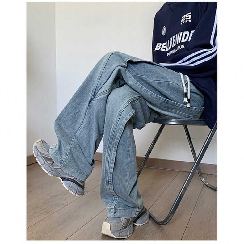 港风秋款男牛仔裤渐变色双层拼接直筒宽松直筒长裤NK7048P62,男装牛仔裤,星座1013-1