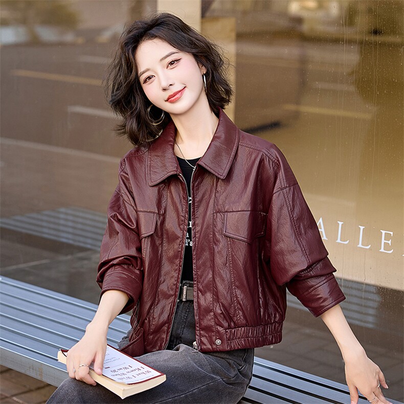 流行风格翻领皮衣外套女2025秋季复古高级感宽松百搭气质机车夹克,女装皮衣,美沁