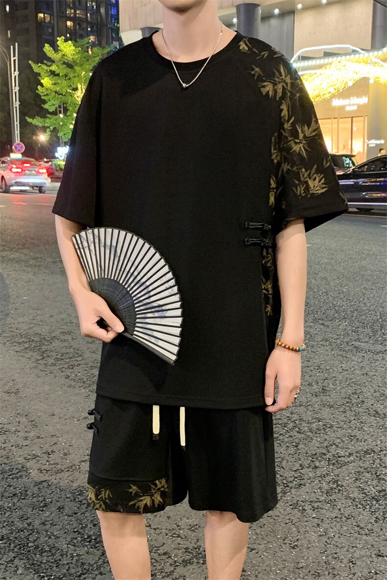 夏季新风冰丝垂感拼色T恤宽松休闲五分裤套装男TZ622-P69控118,男装T恤,电商C305A