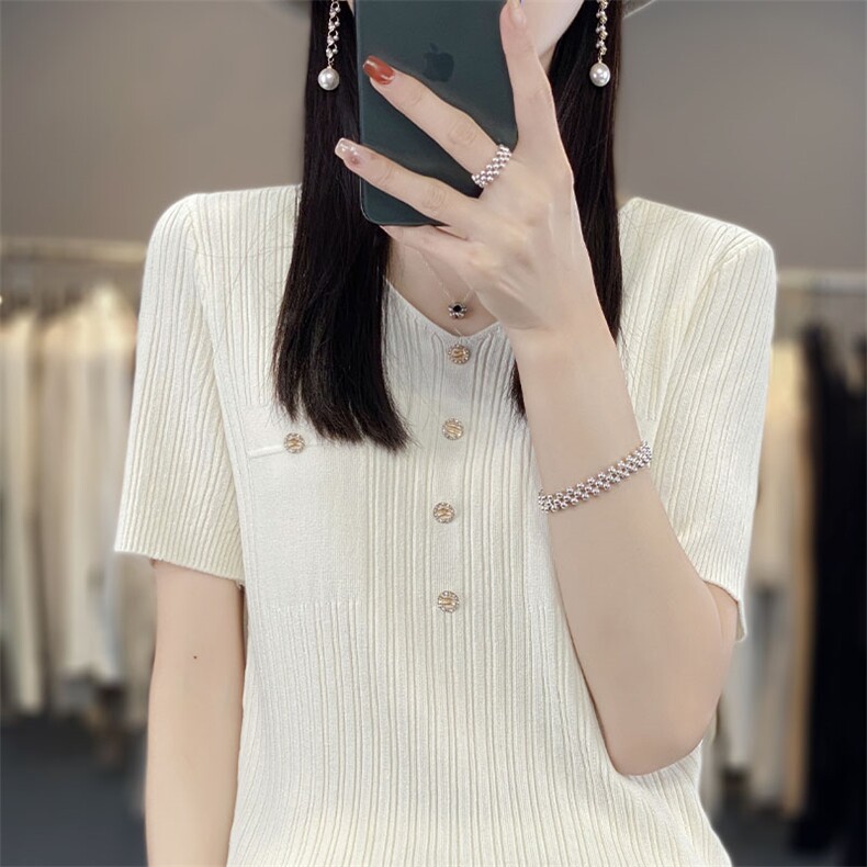小香风V领套头针织衫短袖打底衫女宽松显瘦薄款百搭修身T恤上衣女图片