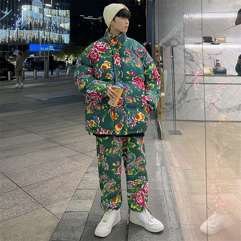 东北大花棉衣套装风汉服套装加厚保暖防寒棉服加绒裤机车H203,男装休闲套装,星座115A(原星座507）