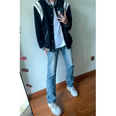 棒球服外套男秋季新款美式复古潮牌百搭痞帅宽松休闲毛呢拼皮夹克，男装夹克，星座601-2