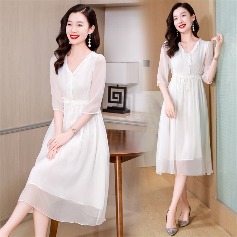 纯色高端真丝连衣裙2025新款女高级感年轻妈妈夏装桑蚕丝气质长裙,女装连衣裙,阿舍尔精品