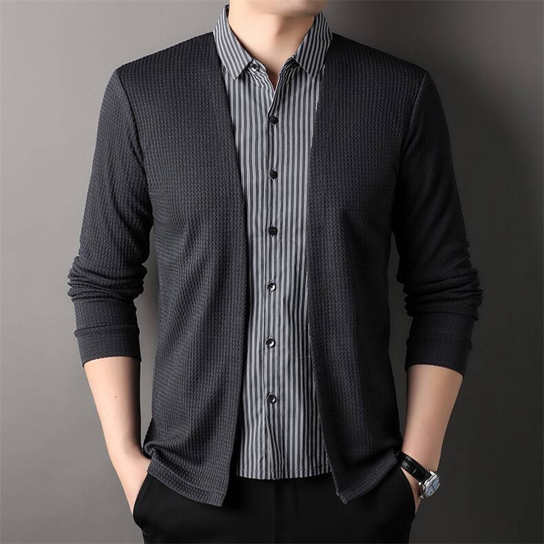 AG85718钱塘2020-3秋季圆领男装假两件条纹衬衫长袖时尚P61，男装T恤，钱塘207-3