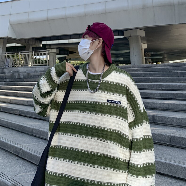vintage毛衣男秋冬季日系复古慵懒风圆领条纹针织衫MY0712-P45图片