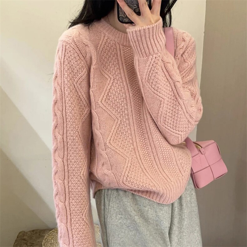 2025年秋季新款百搭女士圆领粉色花形加厚保暖毛衣,女装羊毛衫,新胜羊绒