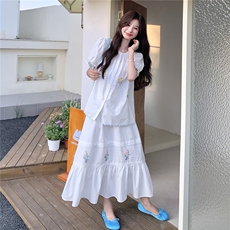 法式浪漫白色刺绣衬衣半身裙套装女夏季2025新款温柔风洋气两件套，女装套装/套裙，2B237
