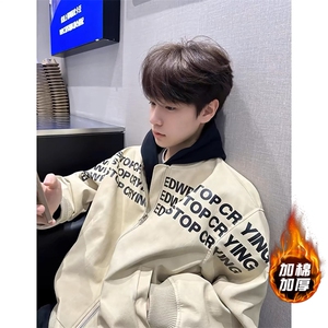 PU皮高质量 字母夹棉棒球服情侣夹克外套男 J81-常规P65 加棉P75图片