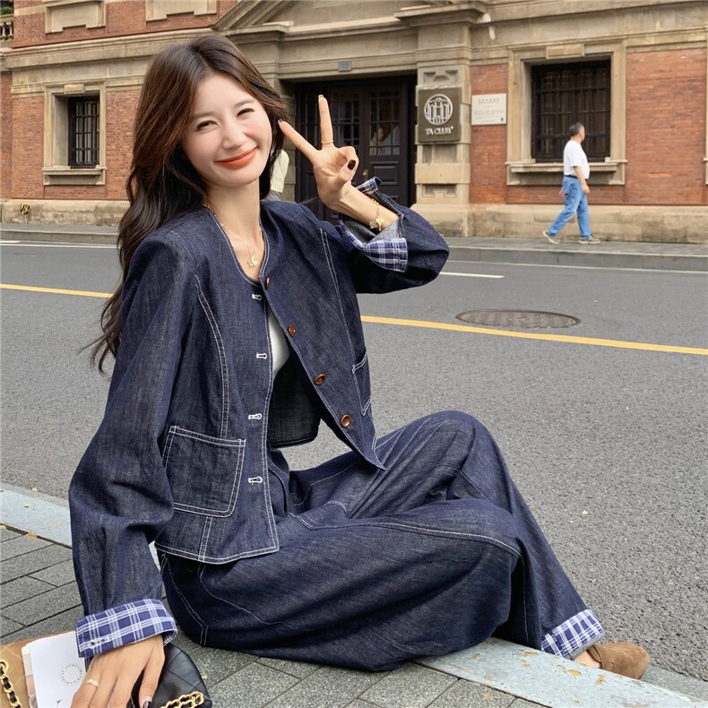 现货新款牛仔外套阔腿裤两件25091P175K,女装套装/套裙,2D035