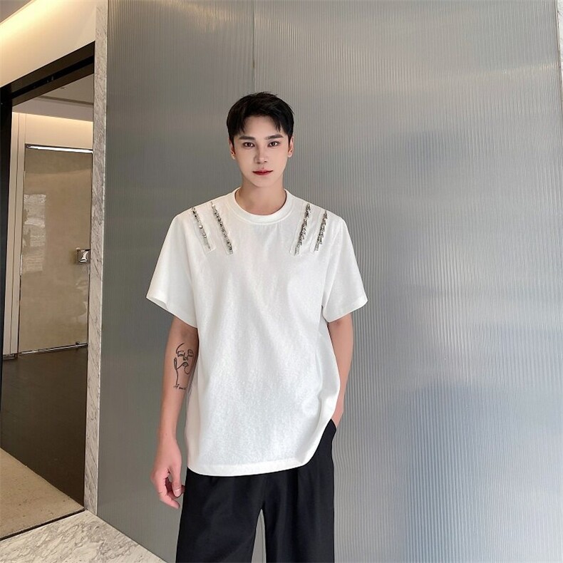 金属拉链垫肩短袖男美式复古男生小众设计感痞帅T恤A345-500-P80图片