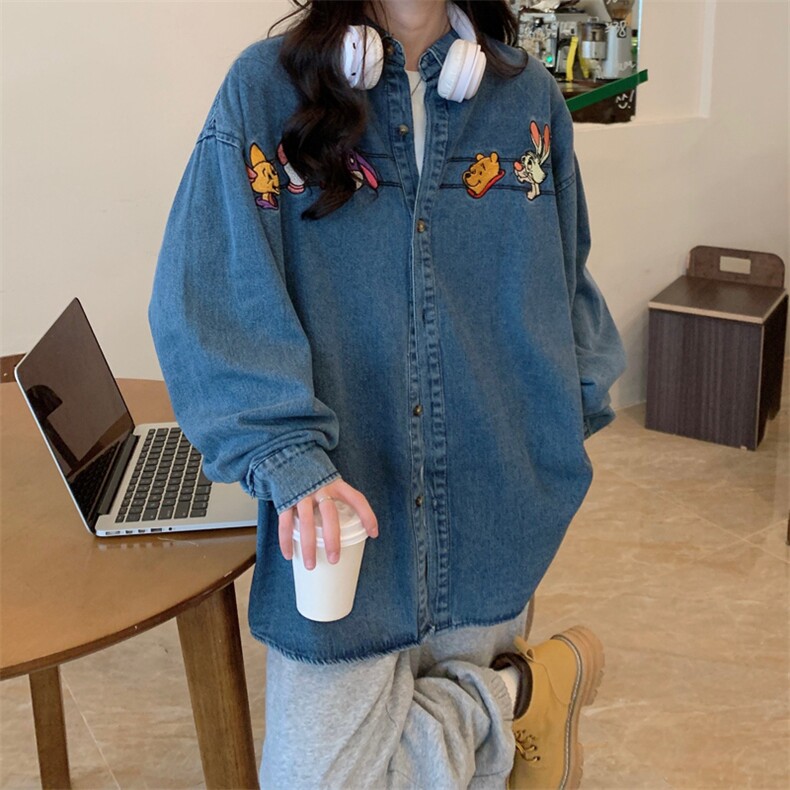 D306-P65复古刺绣牛仔蓝衬衫外套男女春秋港风长袖衬衣,男装衬衫,星座911