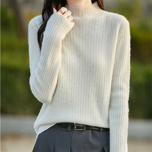 半高领坑条100%纯羊毛衫女24秋冬长袖针织上衣宽松羊绒衫打底毛衣图片