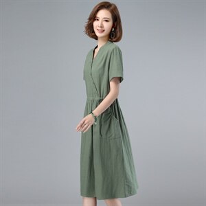 纯棉连衣裙女2023夏装新款中长款收腰显瘦V领妈妈洋气气质a字裙子，女装连衣裙，鑫鑫格