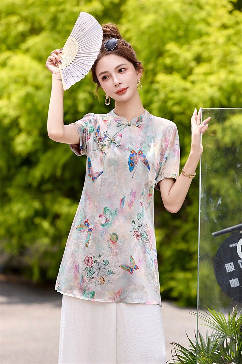 新中式印花改良旗袍女2026夏季新款气质上衣,女装T恤,美沁