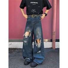 美式高街复古破洞做旧牛仔裤男女潮流高级感阔腿裤子情侣N5150，男装牛仔裤，星座601-1