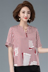 气质条纹衬衫 套头 短袖 立领2021年夏季新款时尚图片