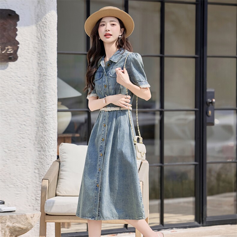 甜美蕾丝拼接短袖牛仔连衣裙女2025夏新款收腰显瘦休闲翻领衬衫裙,女装牛仔裙,悦祺