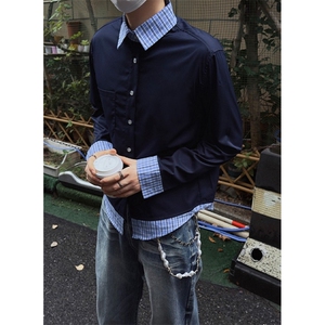 藏蓝格纹假两件拼接衬衫长袖上衣cleanfit休闲系休闲男 THJ94图片