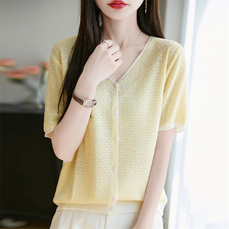 夏季v领精纺羊毛针织开衫女短袖撞色提花宽松显瘦半袖打底衫甜美,女装T恤,羿纯羊绒高端店