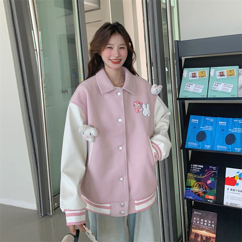 小众设计感立体撞色粉色棒球服女春秋季宽松多巴胺学院风可爱外套,女装毛呢外套,天使之佳话