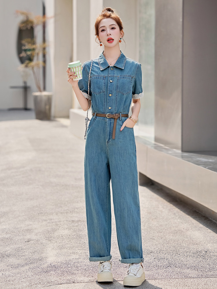 欧货薄款牛仔连体裤女2025夏新款时尚炸街显瘦蕾丝拼接直筒连衣裤,女装连体裤,意芙