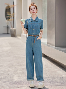 欧货薄款牛仔连体裤女2025夏新款时尚炸街显瘦蕾丝拼接直筒连衣裤图片