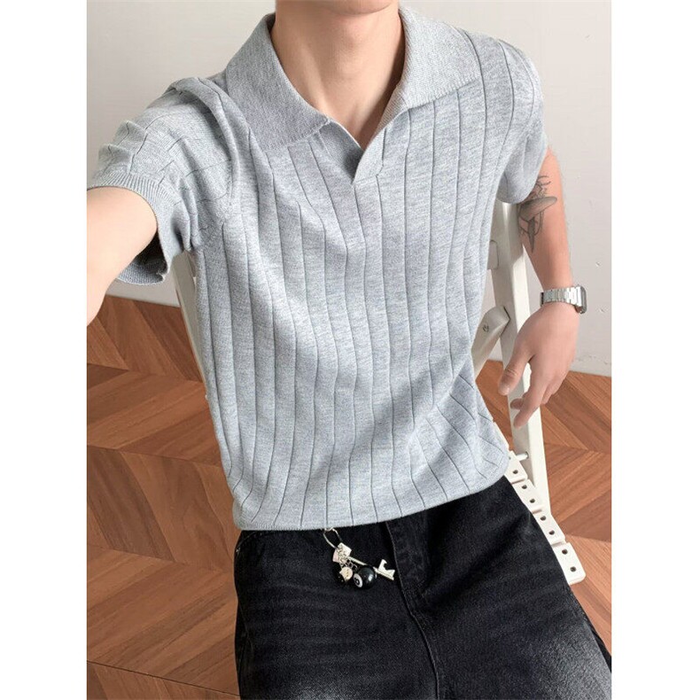 新款老钱风羊毛混纺条纹针织短袖T恤纯色编织坑条V领POLO衫男图片