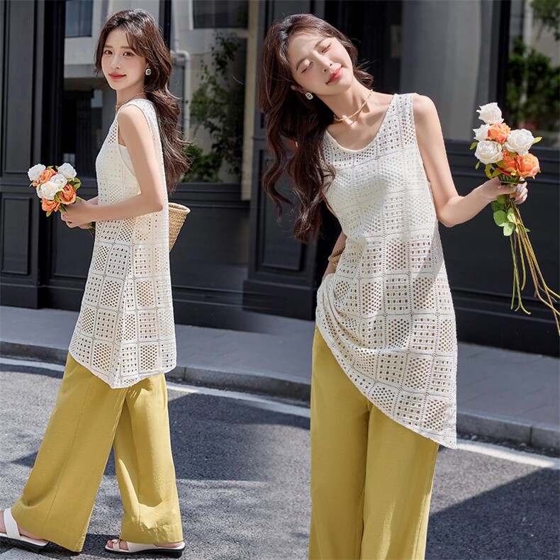 清冷松弛感一整套穿搭女2025夏季新款气质镂空背心裙阔腿裤两件套，女装套装/套裙，铭街依杨